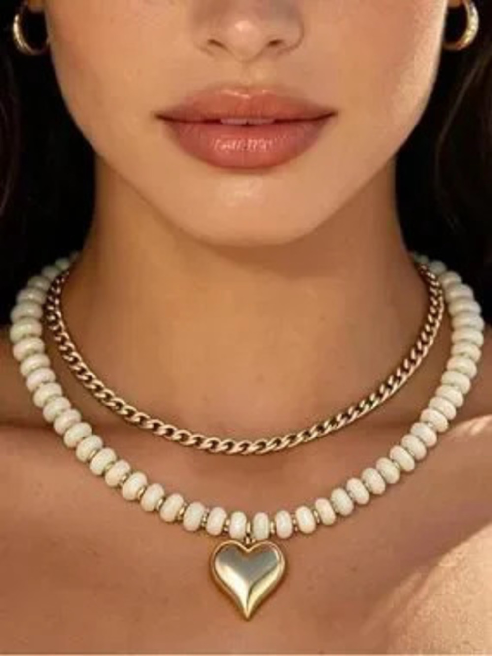 Anthropologie White Beaded Necklace with Gold Heart Pendant